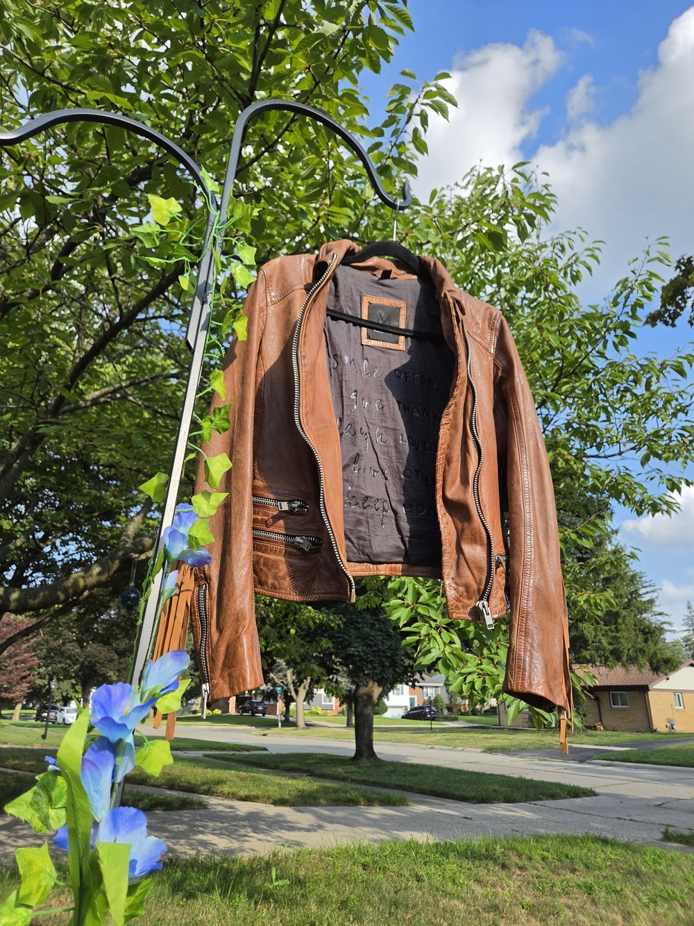Mauritius Zoe RF Cognac Lambskin Leather Fringe Moto Jacket Size 6